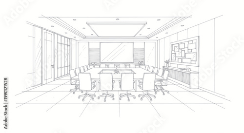 Modern Conference Room Sketch with Large Oval Table and Chairs.