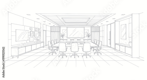 Modern Conference Room Sketch with Long Table and Chairs.