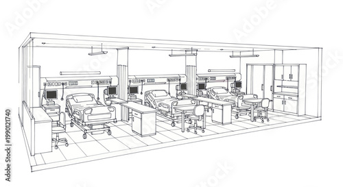 Modern Hospital Intensive Care Unit with Patient Beds and Medical Equipment.