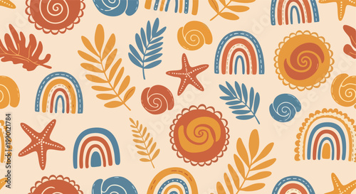 Boho Summer Seamless Pattern. Hand-drawn Beach Elements. Bohemian Style. Abstract Graphic.