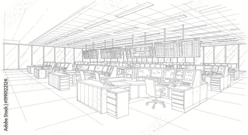 Modern Office Interior Design Sketch with Cubicles and Computers.