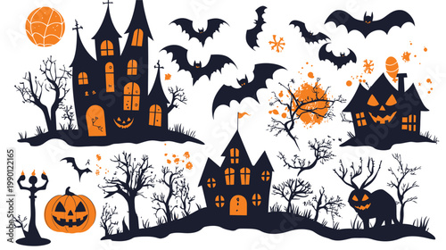 Halloween Silhouettes Collection Spooky Haunted Houses Bats Pumpkins.