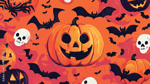 Happy Halloween Pumpkin and Bats Seamless Pattern.