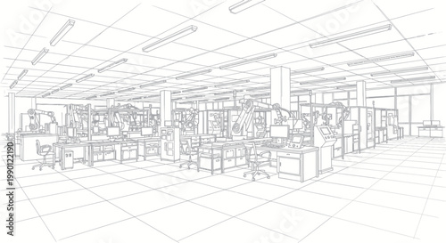 Modern Office Interior Design Sketch with Cubicles and Desks.