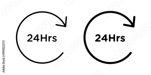 24 Hrs icon in solid fill style, displayed in black on white background. Ideal for 24-hour service, availability, time indication, and support interfaces.