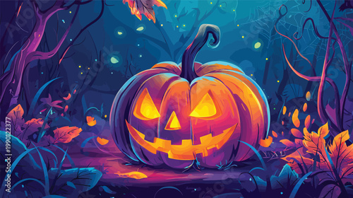 Spooky Halloween JackoLantern glowing in a dark enchanted forest at night.