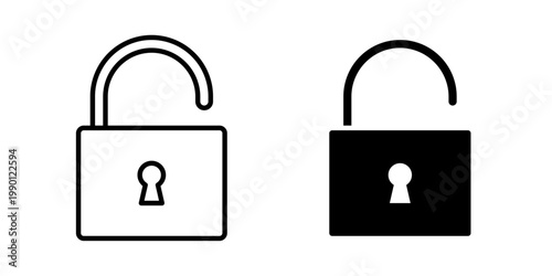 Open lock iconOpen lock icon in solid fill style, displayed on a white background in black color. Represents unlocked access, security off, permissions granted, and open status. Ideal for authenticati