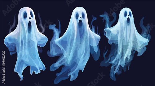 Three Spooky Ghosts Floating on a Dark Background.