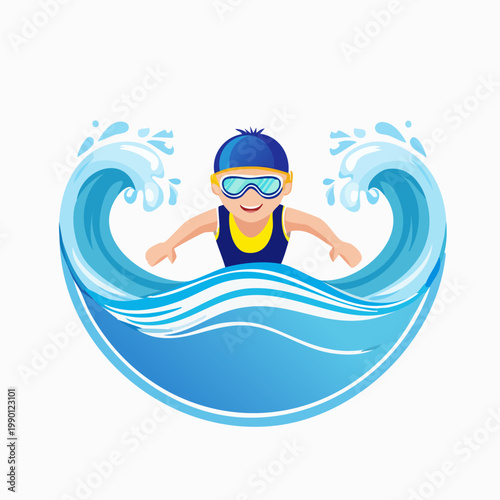 Cartoon illustration of a happy swimmer wearing a cap and goggles in blue ocean waves.