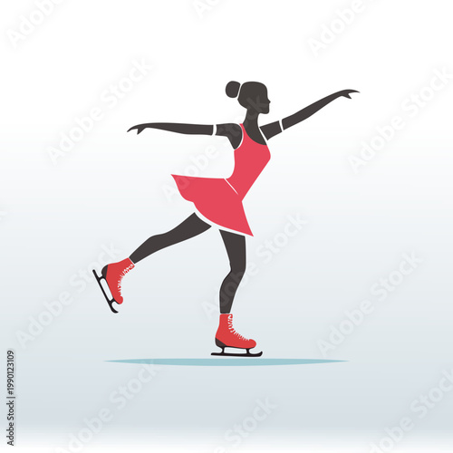 Female figure ice skating in a red dress, depicted as a graceful silhouette illustration