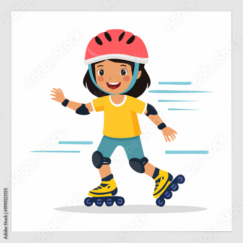 A cheerful young girl wearing a helmet and protective gear enjoys rollerblading with a happy expression.