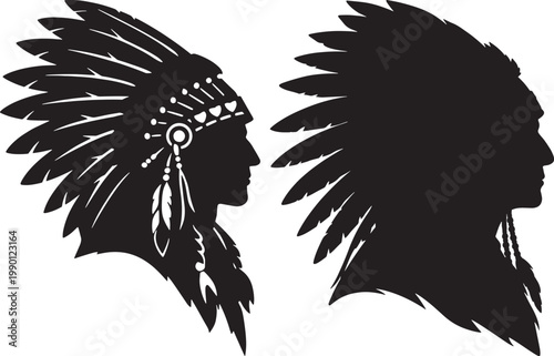 Black silhouettes of two native american men wearing traditional feathered headdresses