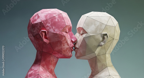 Two low poly geometric heads in profile reaching for a kiss, one pink textured, the other pale stone, representing connection and intimacy