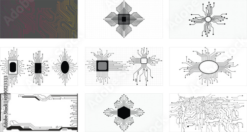 Futuristic circuit board texture set with integrated circuit nodes. Vector circuit board patterns