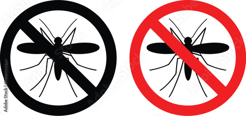 Two mosquito icons with red and black prohibition signs on white background representing no mosquito warning insect control disease prevention and public health safety symbols in clean vector 