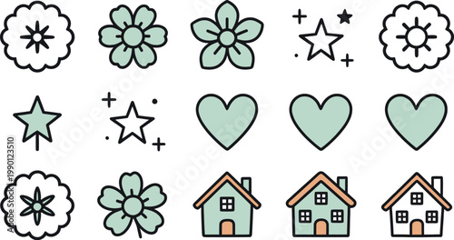 Floral and house icon set with stars and hearts in mint green and peach tones for home decor and real estate branding Vector Illustration.