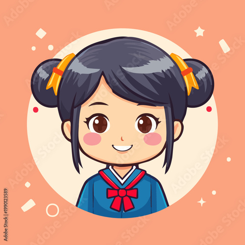 A cute cartoon girl with dark hair and a red bow smiles happily in a circular frame.