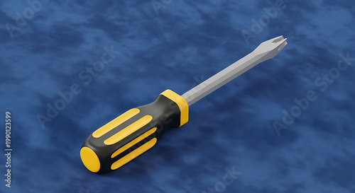 Flathead screwdriver with yellow and black handle, tool for repairs and DIY projects, isolated on a textured blue background
