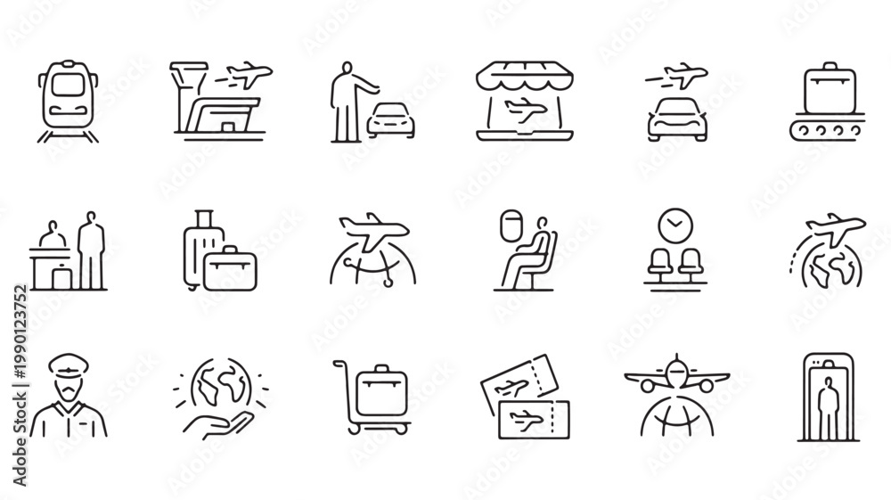 Fototapeta premium Travel Icons Set for Transportation, Vacation, Tourism and Trip Planning Vector