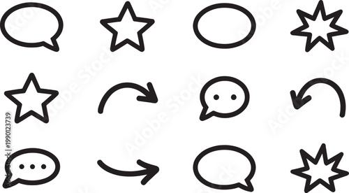 Set of black line art icons for communication and interaction including speech bubbles stars and arrows Vector Illustration on transparent background.