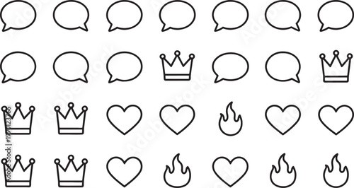Set of outline speech bubbles, crowns, hearts, and flame icons Vector Illustration on transparency grid background.
