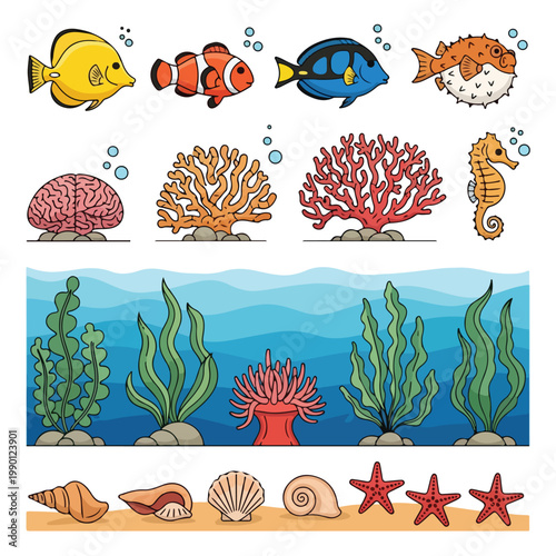 Ocean Elements Vector Set with Fish Coral Seaweed Shells and Starfish Flat Design