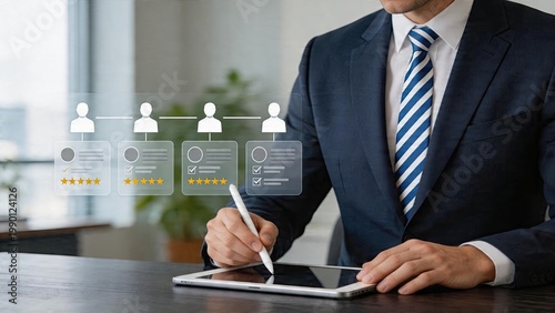 Businessman using digital tablet reviewing employee profiles evaluating human resources with holographic interface checking user qualifications and performance stars in office