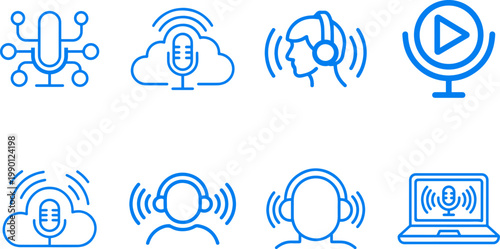 Blue line icons featuring microphones, headphones, cloud audio, and podcasting elements for digital media design.