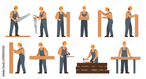 Carpenter Working with Wood. Construction Worker. Flat Design. Vector Illustration. Multiple Poses.