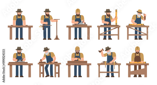 Woodworker Collection. Carpenter Set. Craftsmanship. Vintage Style. Flat Illustration.