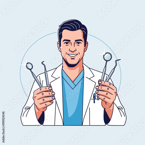 Smiling dentist holding dental tools.
