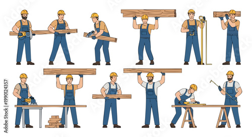 Construction Workers. Carpenter. Builder. Wood. Manual Labor. Set.