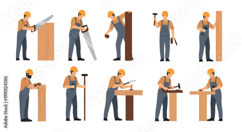 Carpenter at Work. Woodworking. Construction. Manual Labor. Set of Icons.