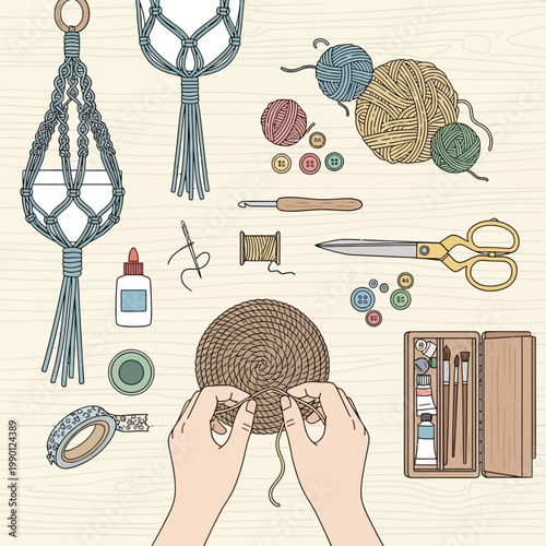 Hands crafting macrame plant hanger with yarn and tools.