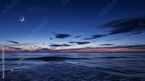 Twilight Ocean Wave Under Crescent Moon and Dusk Sky