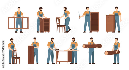 Carpenter and Furniture Maker Collection. Woodworker. Flat Design. Vector Illustration.