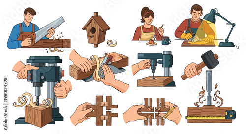 Woodworking Tools and Techniques Collection. Carpentry Craftsmanship. Manual Labor. DIY Projects.