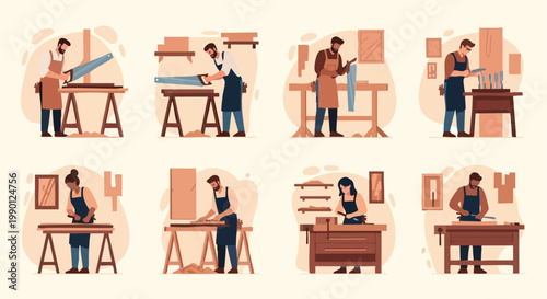 Carpenters Working in Workshop, Woodworking Craftsmanship