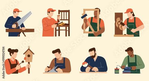 Carpenters at Work: Diverse Craftsmen Engaged in Woodworking Tasks