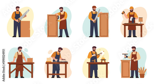 Carpenters at Work: Crafting Wood Furniture with Tools