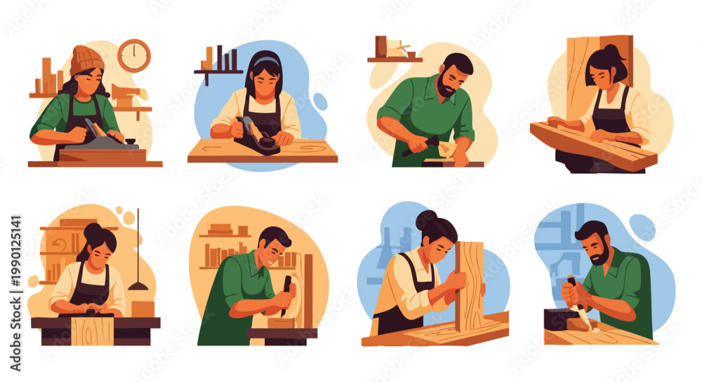Fototapeta premium Carpentry Workshop: Artisans Crafting Wood. Flat Illustration Style.