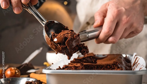 A person scoops rich chocolate ice cream (1)