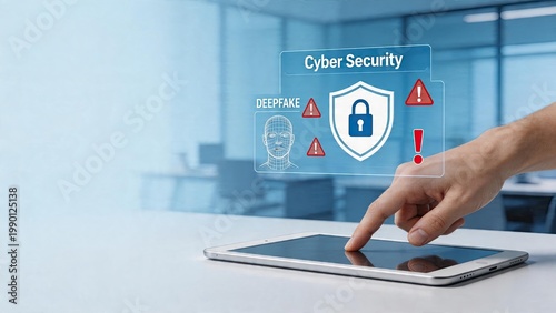 Cyber Security concept man finger touch tablet screen holographic interface with shield lock icon deepfake warning protection against online fraud data safety and digital threat