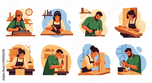 Carpentry Workshop: Artisans Crafting Wood. Flat Illustration Style.