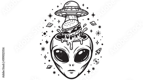 Alien with burger head eating, retro space food concept, vector illustration