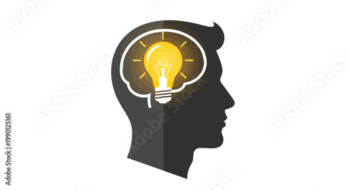 Creative Idea Concept: Human Head Silhouette with Glowing Light Bulb