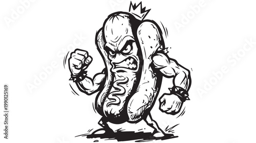 Anthropomorphic hot dog character flexing muscles in bold black and white vector illustration