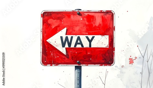 A red directional sign with an arrow pointing left