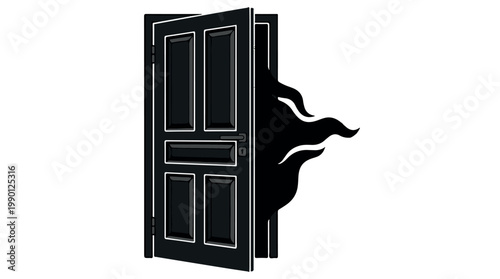 Mysterious black door with ghostly flame silhouette vector illustration, eerie flat design