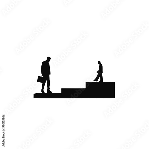Businessman with a briefcase stands on a lower platform while observing another individual climbing higher levels, representing the competitive nature of professional career advancement.